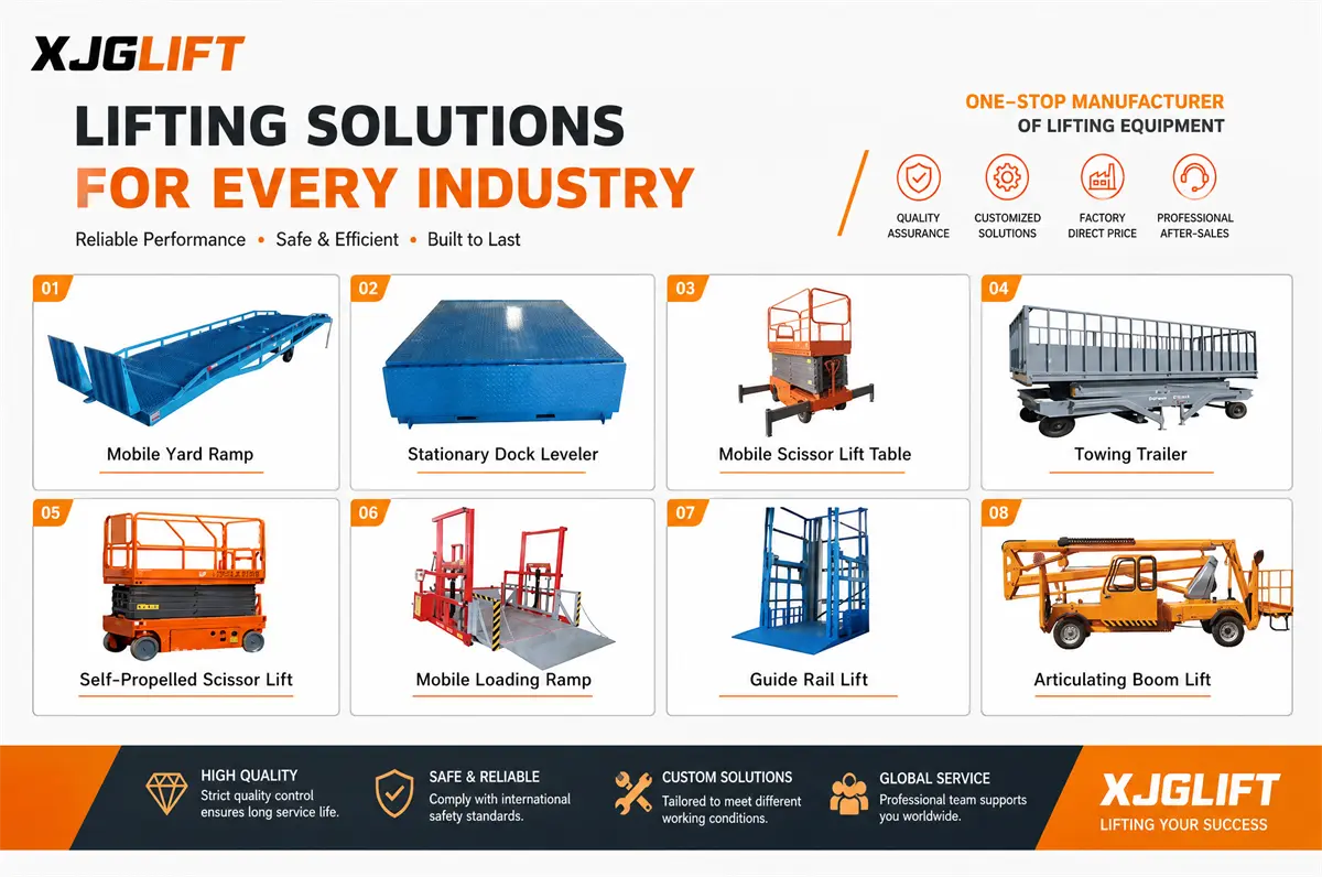 XJGLIFT - One-stop manufacturer of industrial hydraulic lifting equipment including dock leveler, scissor lift and cargo lift XJGLIFT industrial hydraulic lifting equipment, dock ramp, scissor lift, guide rail lift, one-stop lifting solutions manufacturer